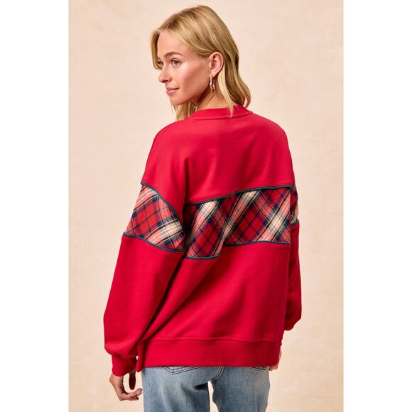BIBI Red Black Christmas Plaid Block Sweatshirt with Binding NEW Medium - Picture 7 of 10